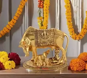 Shivaay. Corp. Polyresin Hand Painted Kamdhenu Cow with Calf God Figure